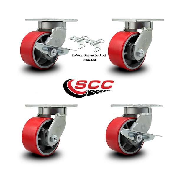 Service Caster 6 Inch Heavy Duty Red Poly on Cast Iron Caster Swivel Lock 2 Brakes SCC, 2PK SCC-KP92S630-PUR-RS-BSL-2-SLB-2 - main